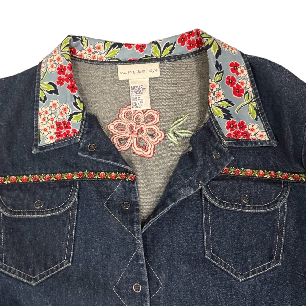 Trucker style jacket by Susan Graver Upcycled Floral Collar, Embroidered Trim - Picture 6 of 7